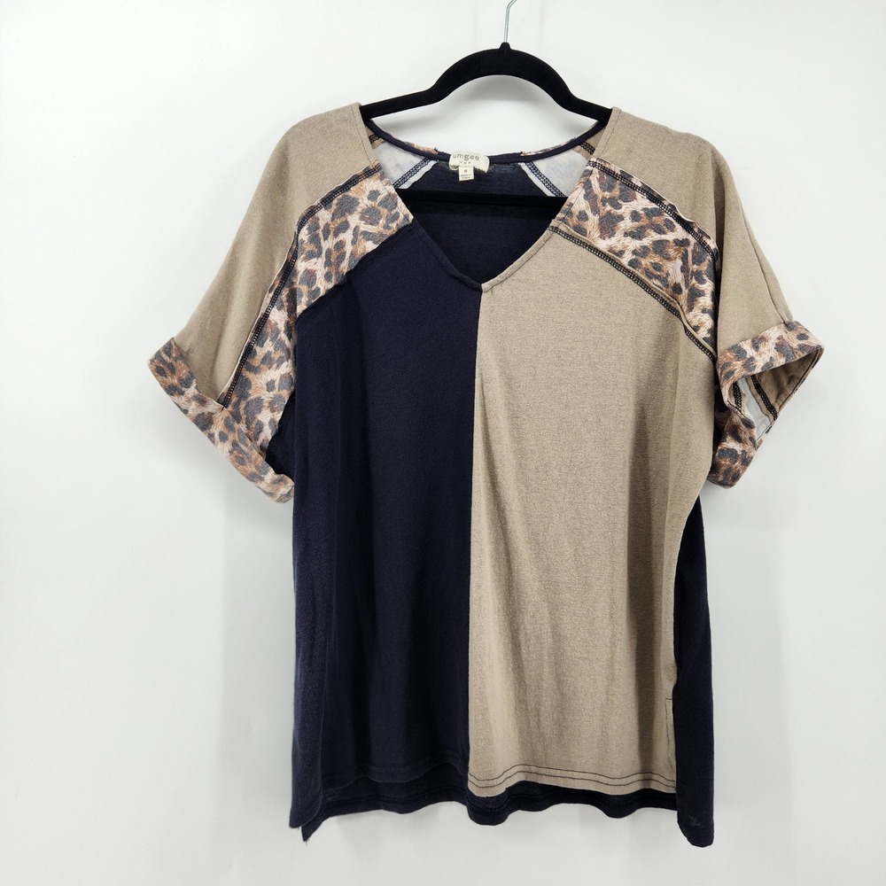 Umgee Color Block Leopard Print Short Sleeve V-Neck Casual T-Shirt Top Medium